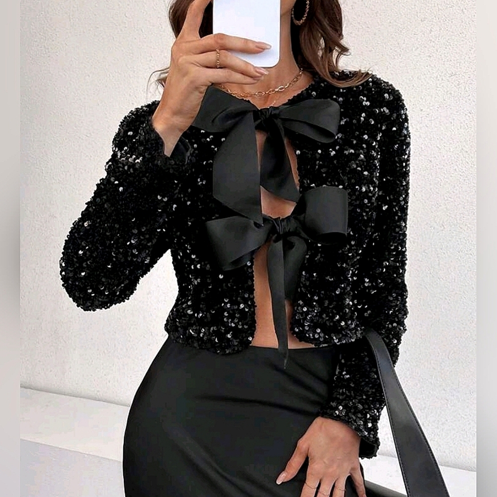 New Luxe Sequin Tie Bow Jacket Top Long Sleeve Black - Picture 7 of 9